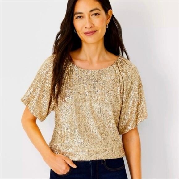 NWT Ann Taylor Gold Sequin Short Sleeve Top Blouse Size Small - Picture 1 of 8